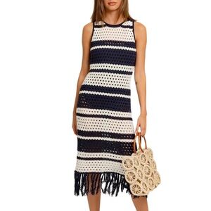 LE LIS Women's Crochet Fringe Trim Cotton Blend Striped Midi Cover Up Navy White